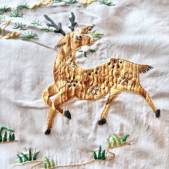 Hand Embroidered Deer & Crochet Silk Bedcover Bedspread 58 x 81